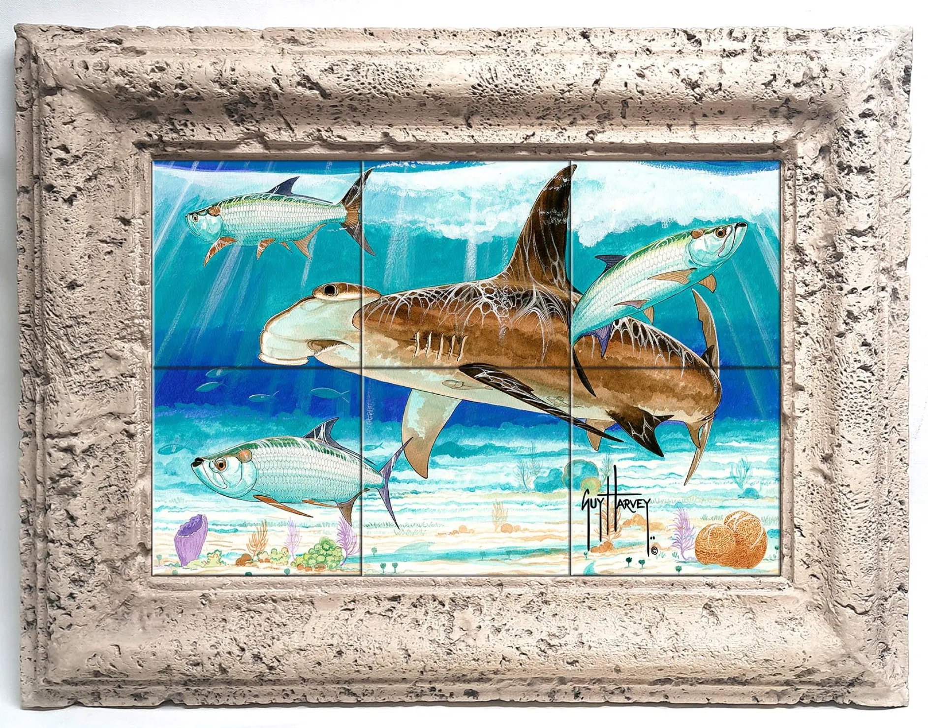 "Hammerhead Shark with Tarpon" Tile Art