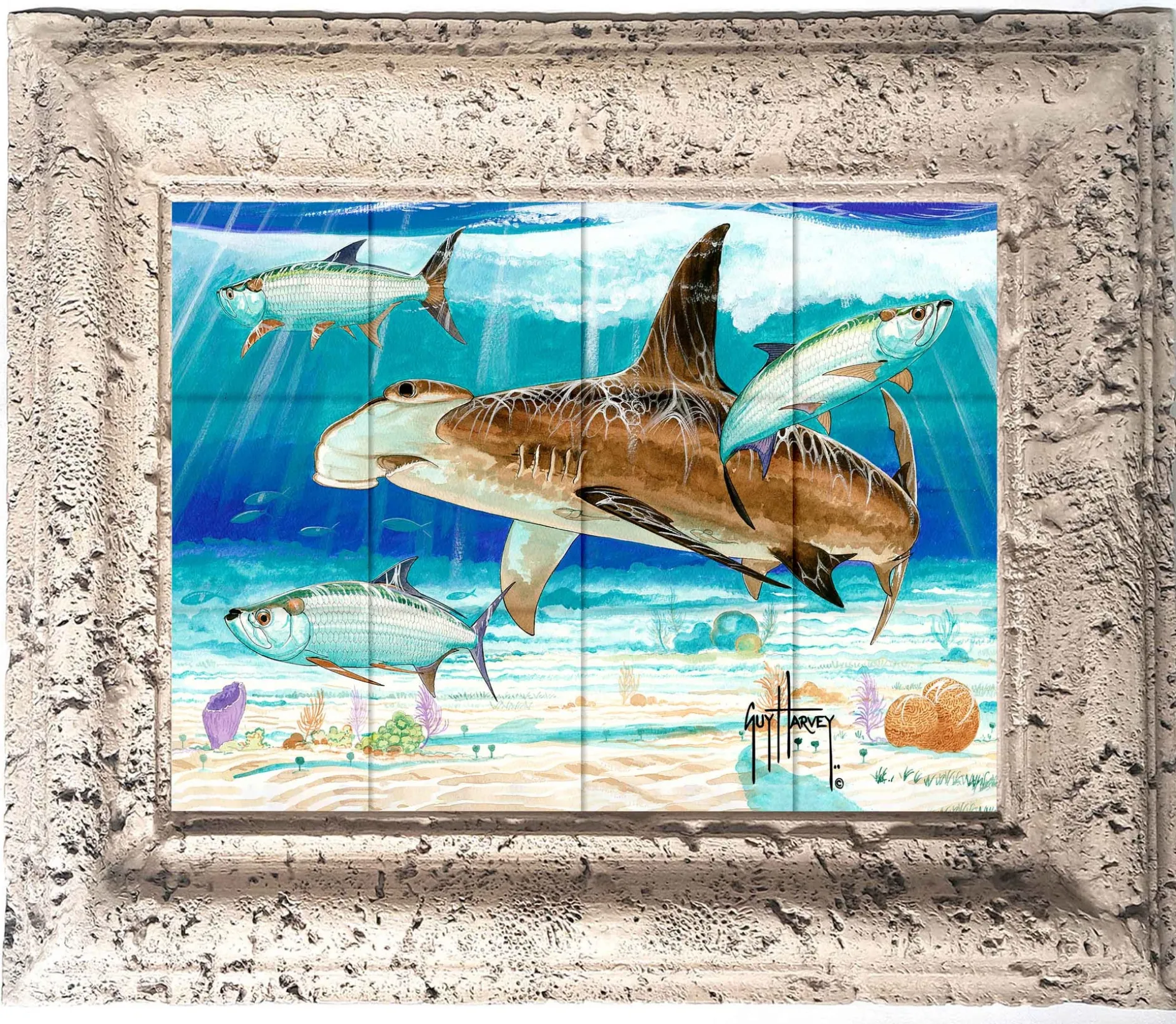 "Hammerhead Shark with Tarpon" Tile Art