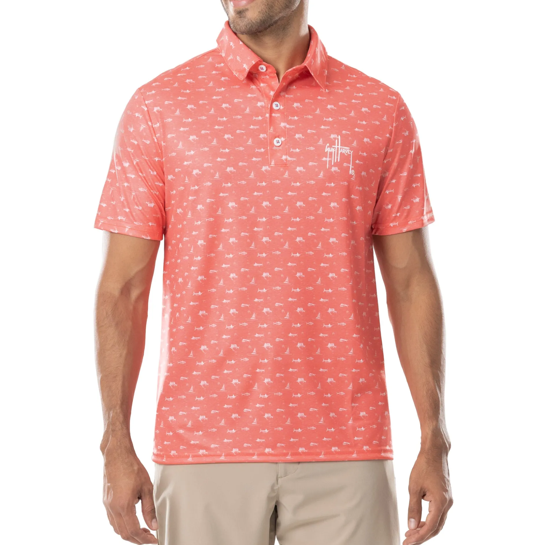 Men's Short Sleeve Coral Printed Performance Polo Shirt