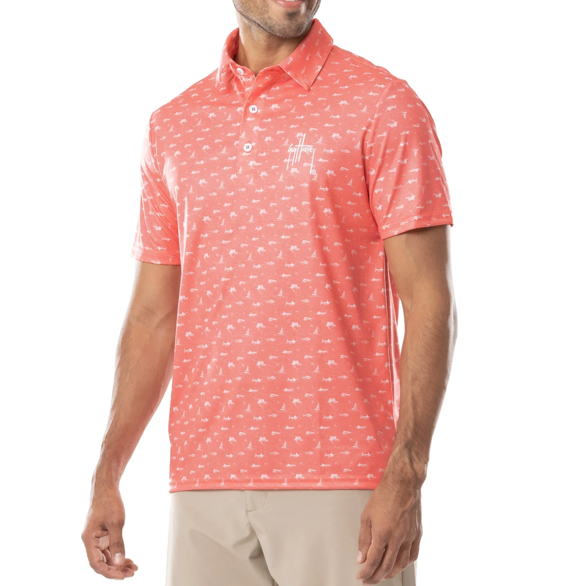 Men's Short Sleeve Coral Printed Performance Polo Shirt