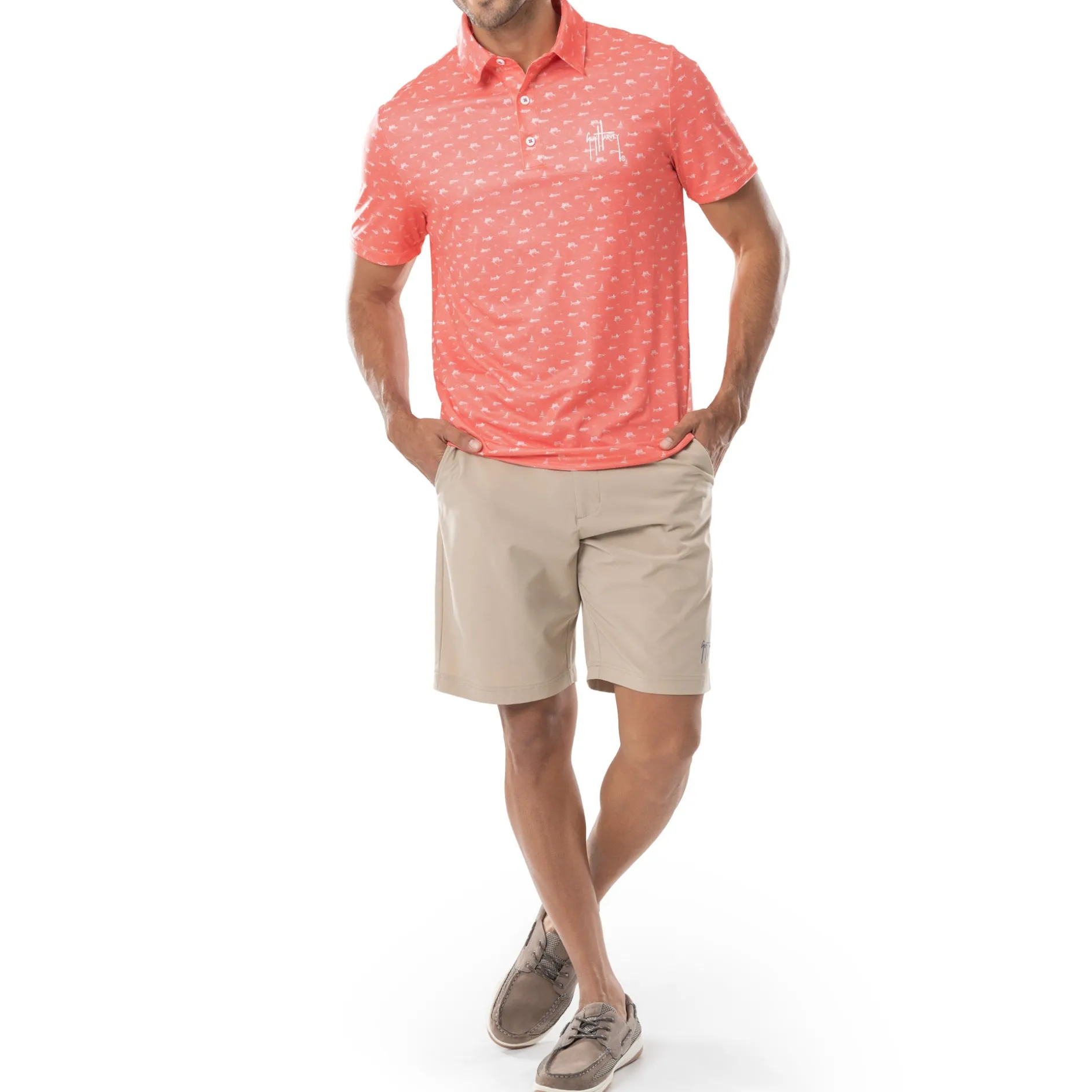 Men's Short Sleeve Coral Printed Performance Polo Shirt