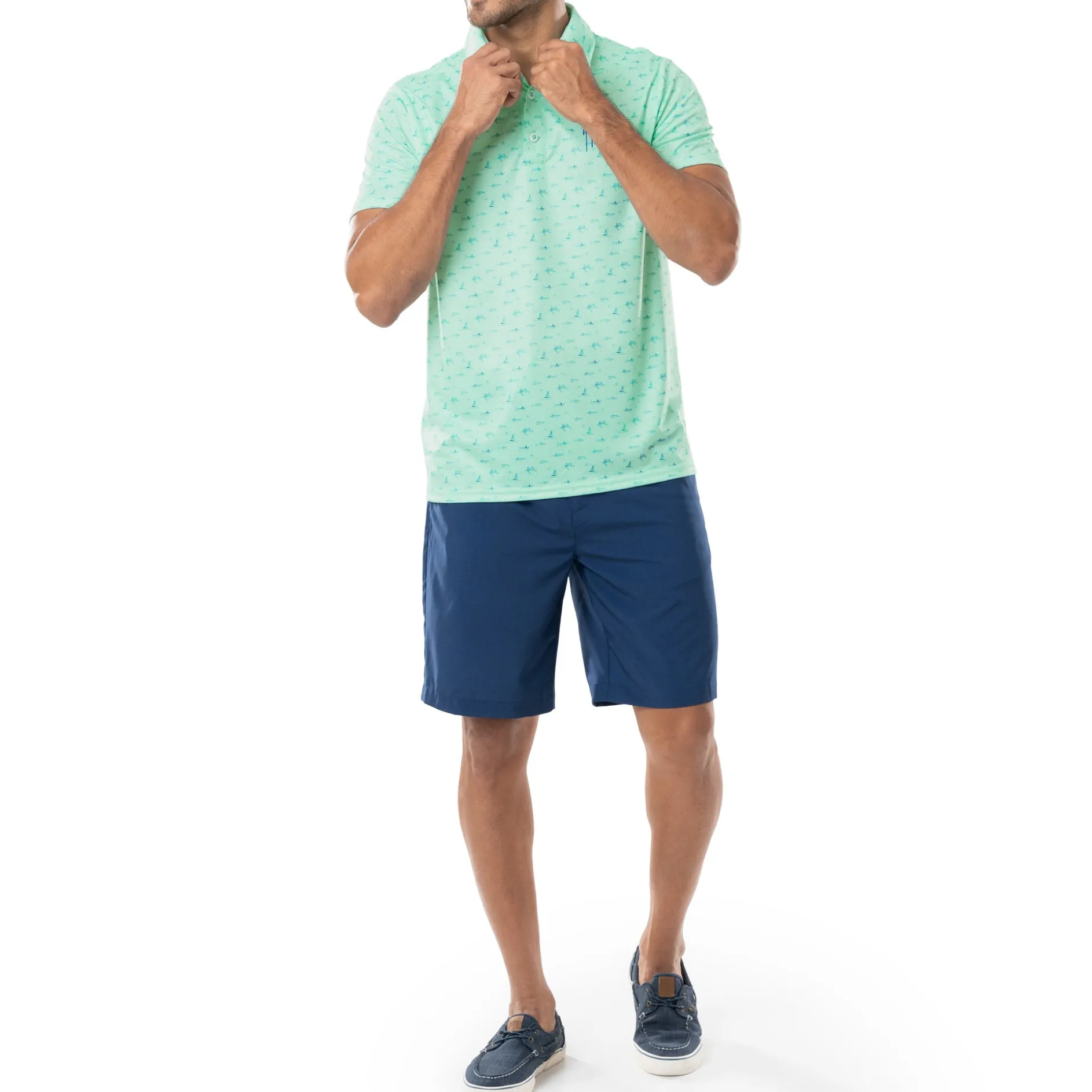 Men's Short Sleeve Green Printed Performance Polo Shirt