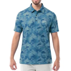 Men's Short Sleeve Urban Palms Blue Printed Performance Polo Shirt