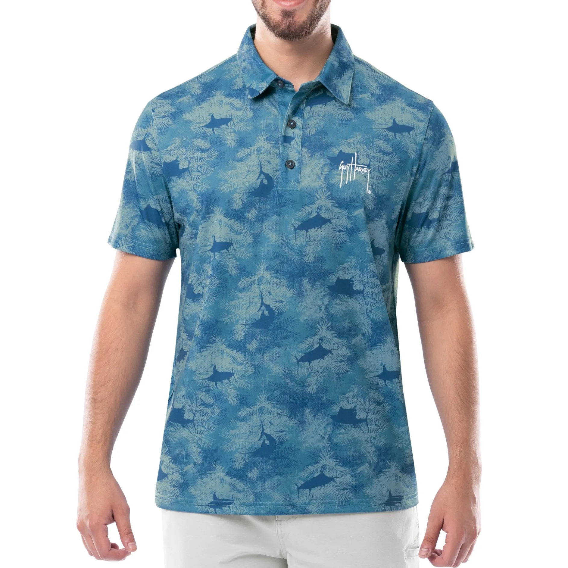 Men's Short Sleeve Urban Palms Blue Printed Performance Polo Shirt