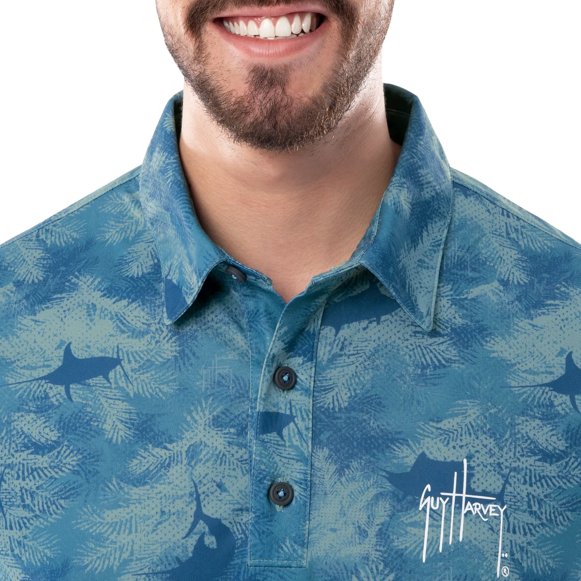 Men's Short Sleeve Urban Palms Blue Printed Performance Polo Shirt