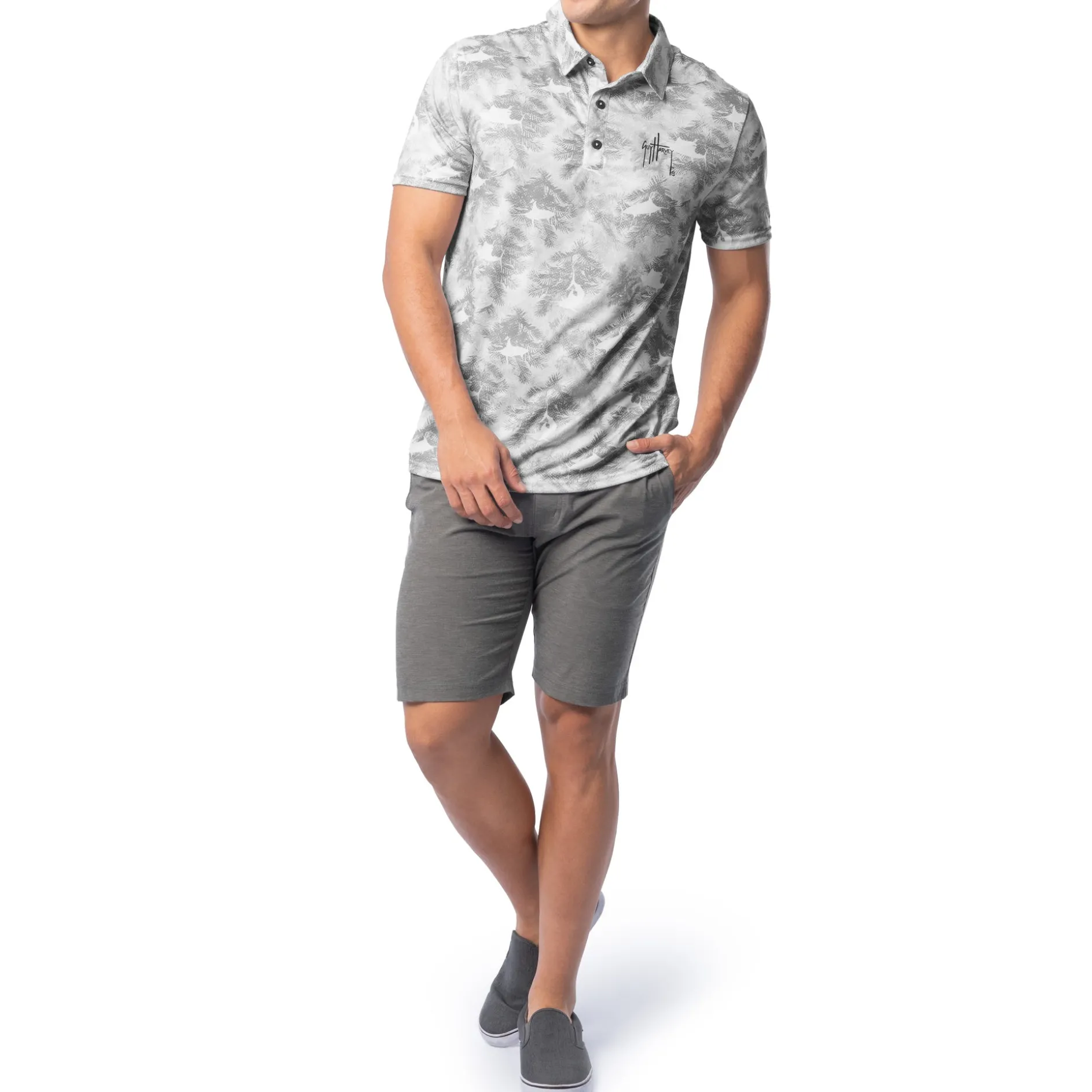 Men's Short Sleeve Urban Palms Gray Printed Performance Polo Shirt